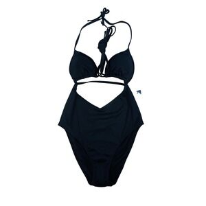 NWT Hollister Women Black Ribbed Cut-Out One Piece Swimsuit Monokini Size Large